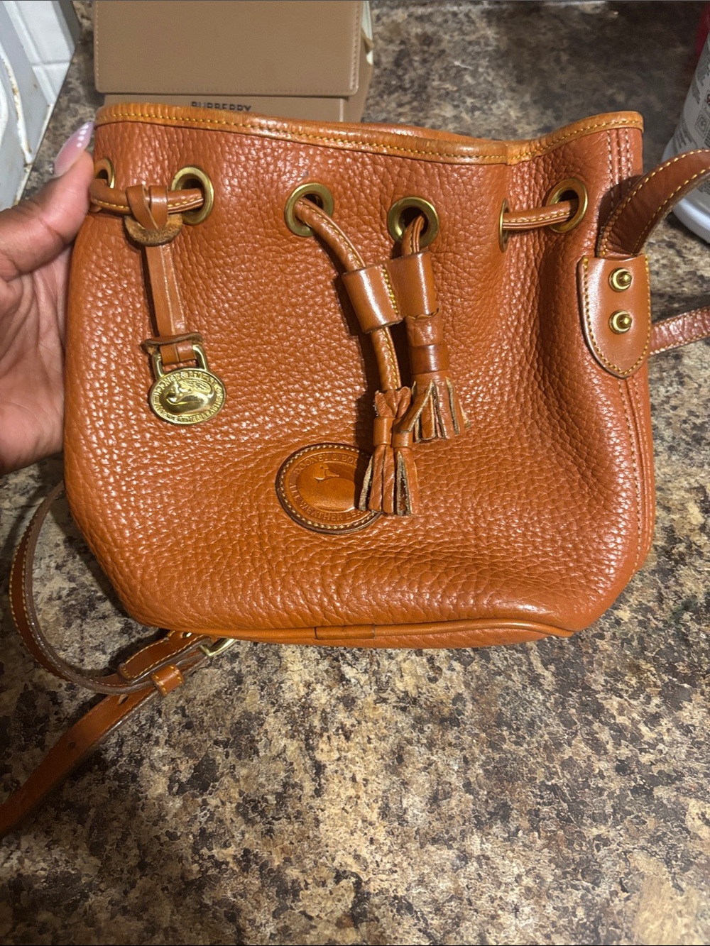 Dooney & Bourke Brown Pebbled Leather Drawstring Crossbody